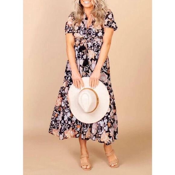 Elan VP5728 Women's Sz XS Black Botanical Print Cotton Maxi Dress - Picture 1 of 14